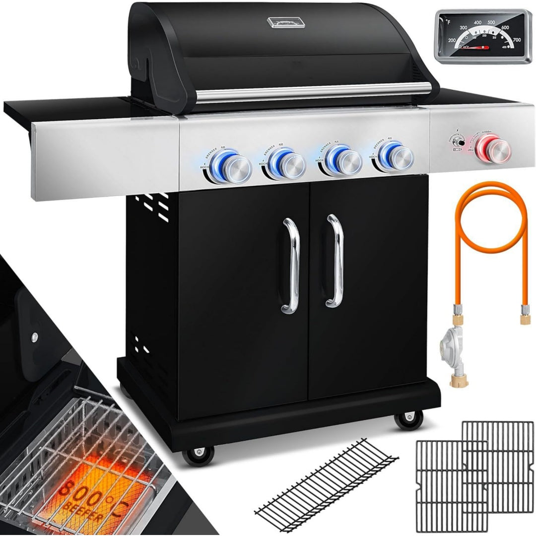 Gasgrill mit 4 Brenner 1x Infrarot Keramik Seitenbrenner Piezo-Zuendung bis 800C Grillwagen aus Edelstahl inkl Grillrost 66cm aus Gusseisen Grillthermometer Gas-Schlauch