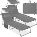 tectake 2er set sonnenliege klappbar und tragbar liege mit seitentasche strandliege gartenliege mit dach liegestuhl mit verstellbarer rueckenlehne kopfkissen - fuer balkon terrasse grau