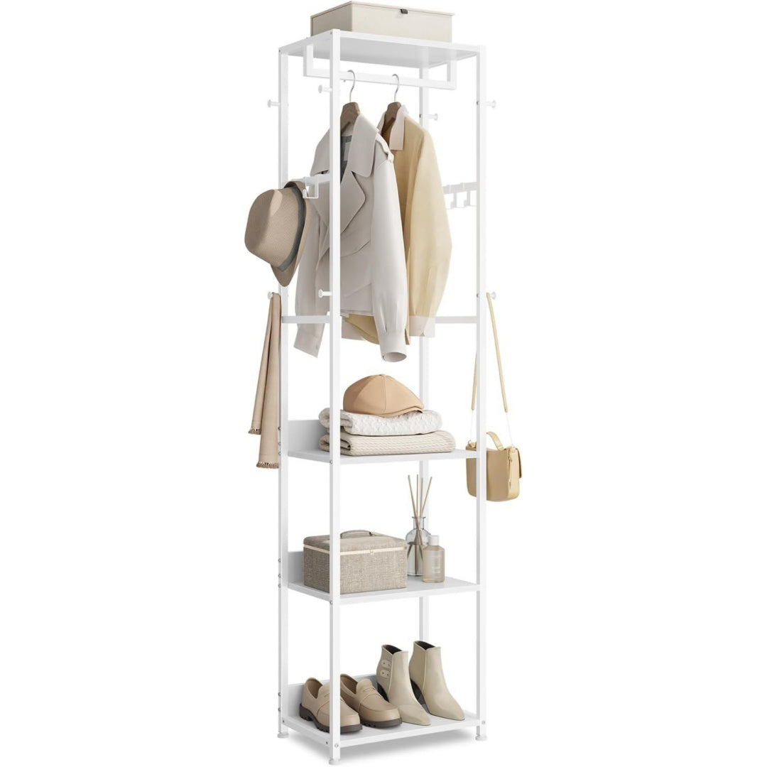 kleiderstaender mit kleiderstange und haken stahlrahmen garderobe mit ablagen fuer kleidung taschen huete wolkenweiss barnet kollektion rcr061wc02