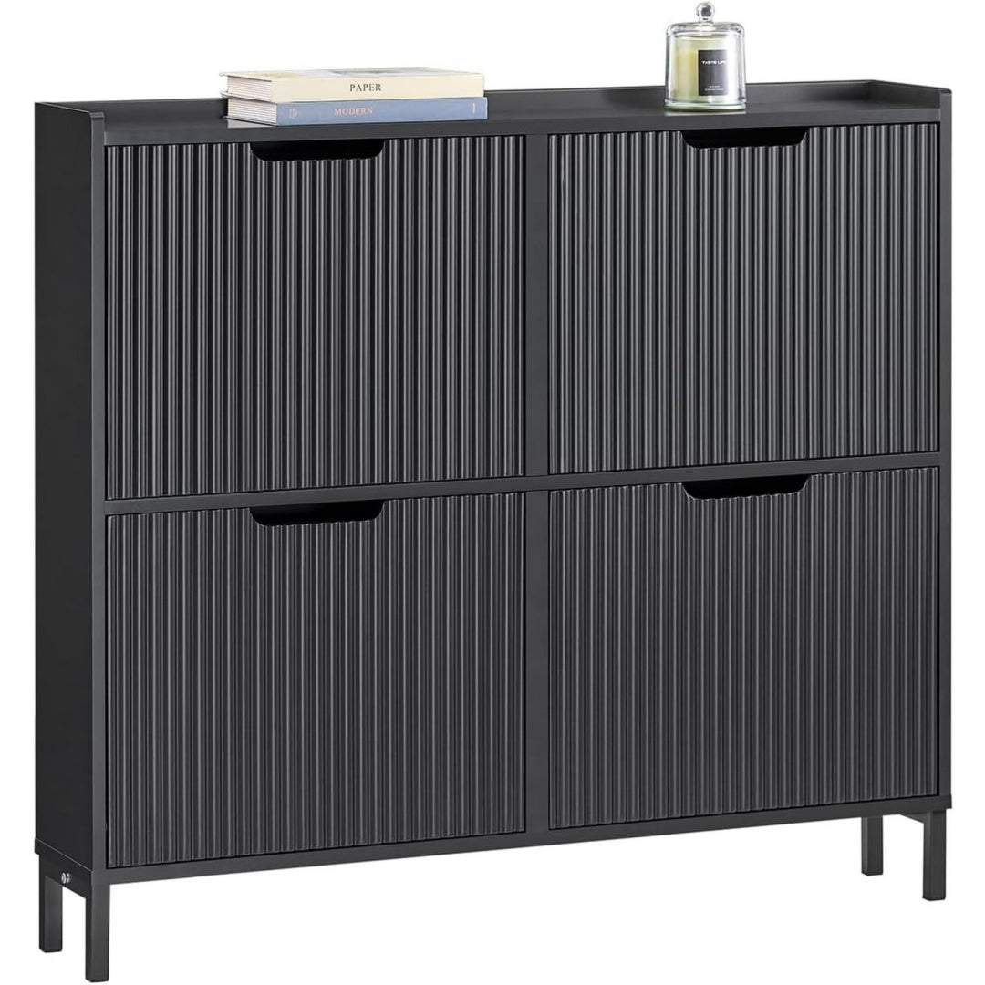 Schuhschrank schmal mit 4 Tueren 100x19x91cm fuer Flur Schuhkipper fuer enge Flure Eingangsbereich Schwarz FSR177-L-SCH