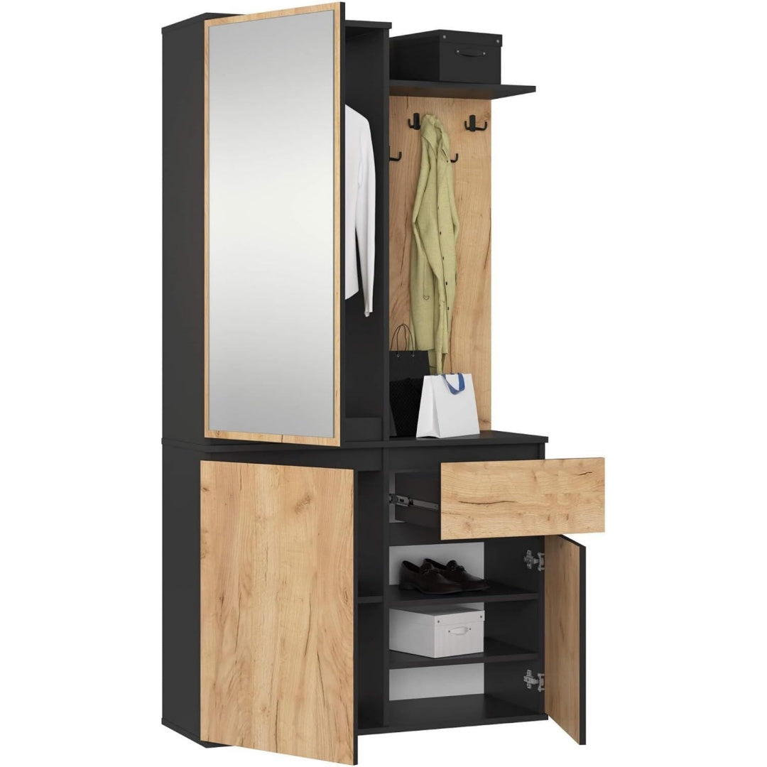 Garderoben-Set ENTRO Schwarz 95 cm Kompaktgarderobe Schmaler Flur 3 Tueren 1 Schublade 7 Regalboeden Flurgarderoben Set Modern Flur Moebel Set Industrial Stil Schwarz Craft-Eiche