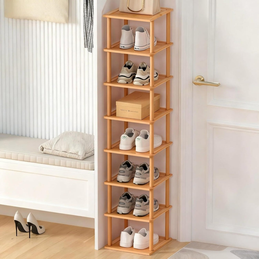 Bambus-Schuhregal 8 Ebenen vertikales Schuhregal fuer kleine Raeume freistehend hoch schmal Schuh-Organizer fuer Garage Schrank Tuer Ecke Wohnzimmer kleine Raeume