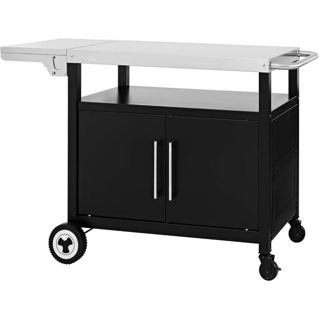 Grillwagen mit Klappbarem Seitentisch Grilltisch mit Handtuchgriff Unterschrank Grill Trolley mit Edelstahl Tischplatte Servierwagen mit Rollen Silber
