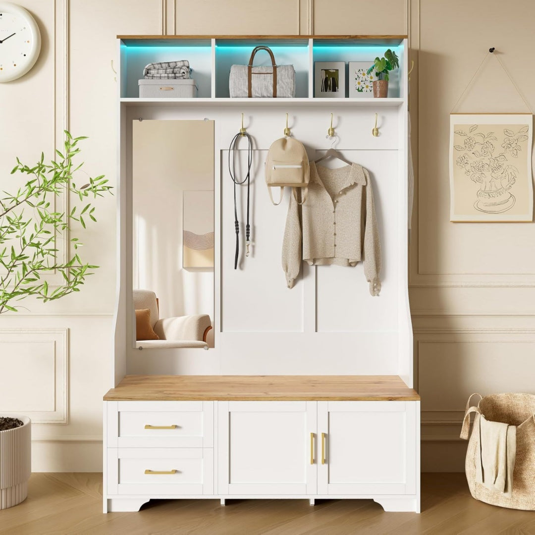 Garderobenschrank 187 x 120 x 40 cm mit lichtemittierende Diode-Beleuchtung Spiegel Haken und Schubladen moderner Flur- Schuhschrank mit Sitzflaeche und Stauraum Weiss Holzfarbe
